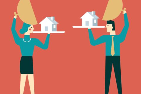 Illustration of two people holding platters with houses on them to represent real estate agents