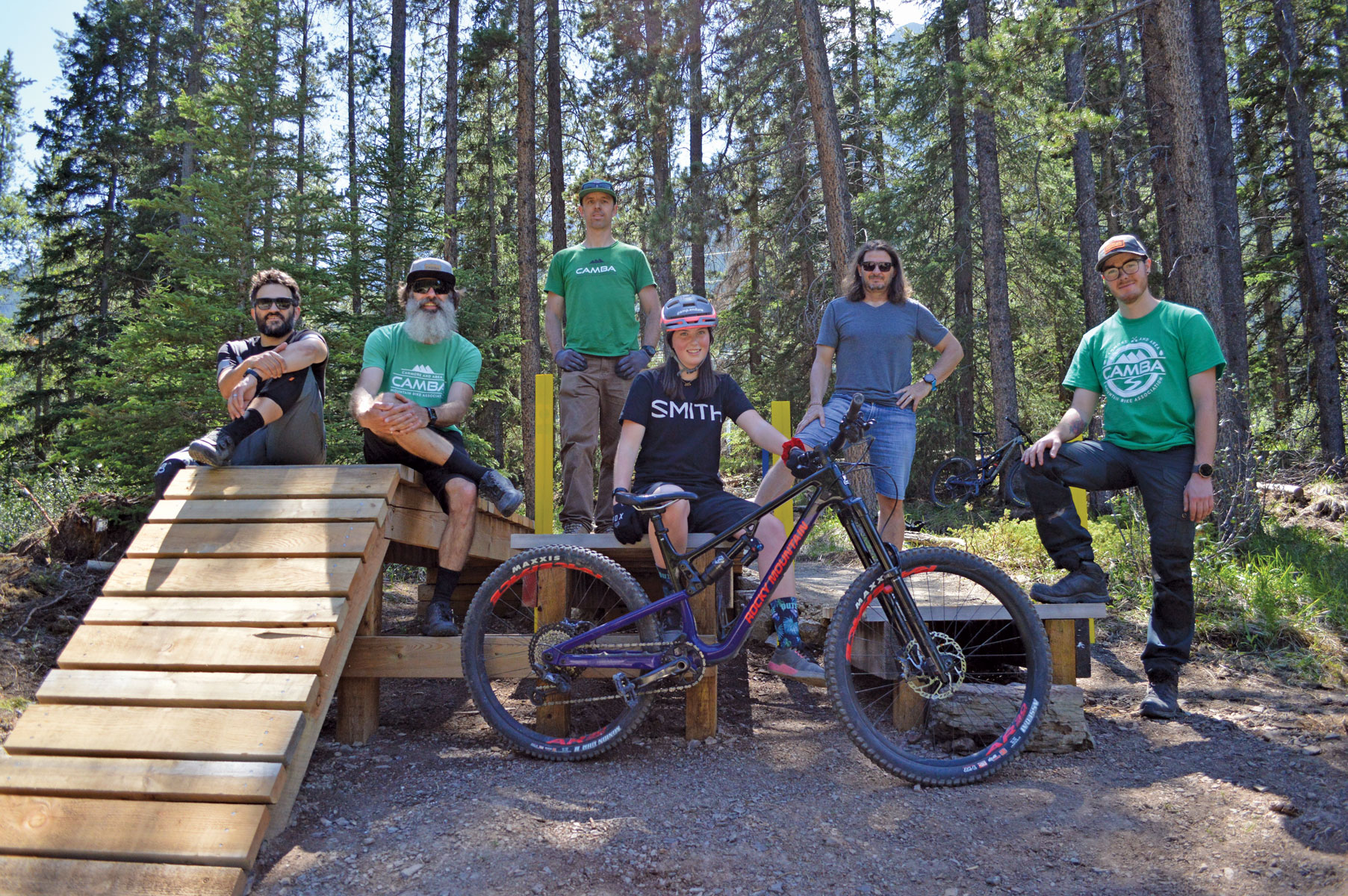 CAMBA trail crew, with a few board members, opening up a new drop zone at Quarry Lake Park. L to R: Justin Deoliveira, Chad Holowatuk, Andrew Dickison, Clara Bown, Andreas Comeau, Nate Gerwing. Photo by Jordan Small