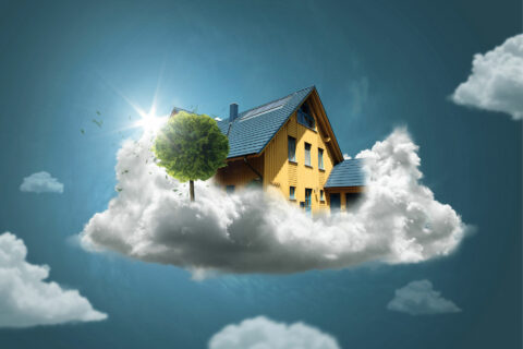House in the clouds to represent emotional pitfalls of buying a dream home