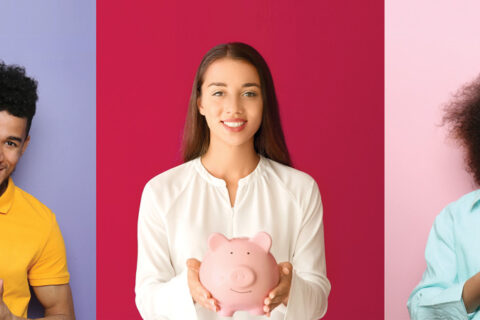 Various people on coloured backgrounds check their piggy banks to represent low rates