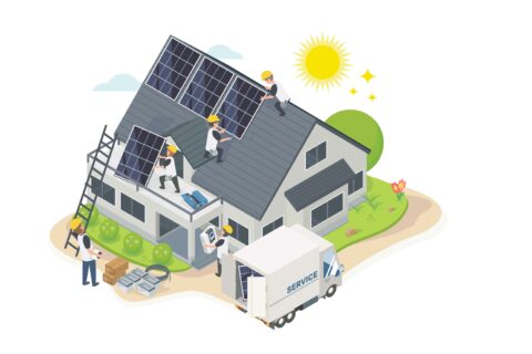 A graphic showing solar panels being installed on a home