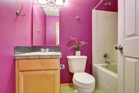 A brightly painted pink bathroom highlights some common problems when looking at a home