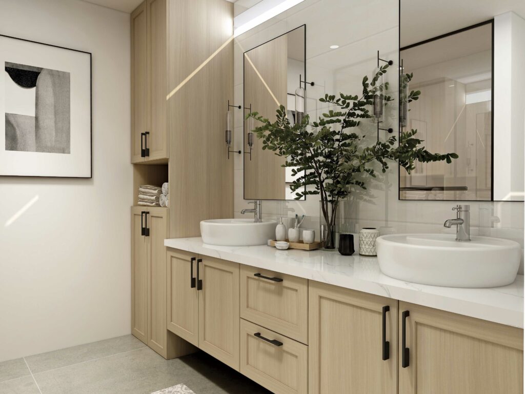 A bathroom showing metal and wood designs