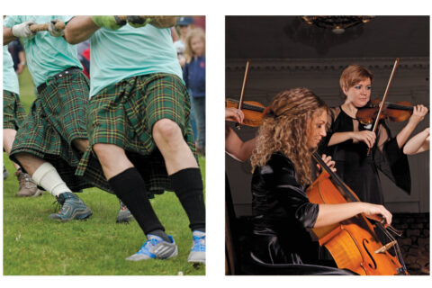 Four separate images depict summer events including running a race, tug of war at Scottish Highland Games, Players in a string quarter, and crafters moulding clay.